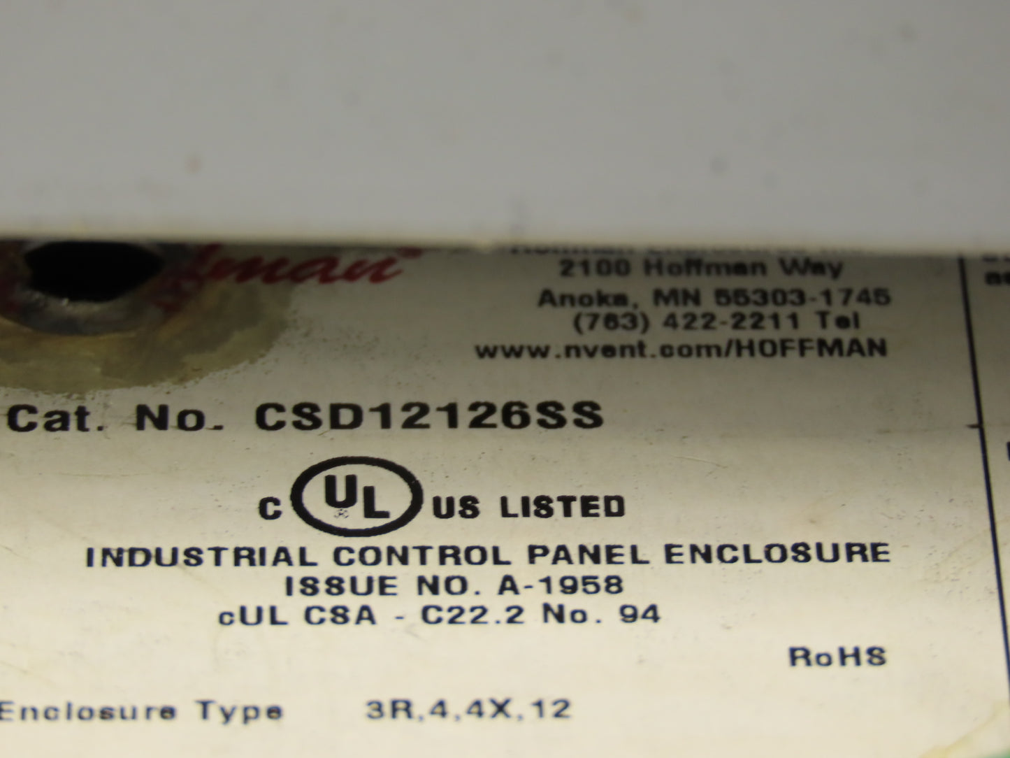 Hoffman CSD12126SS Stainless Steel Electrical Enclosure 12x12x6" Wall Mount 3R