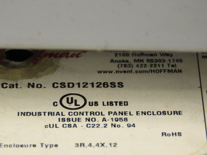 Hoffman CSD12126SS Stainless Steel Electrical Enclosure 12x12x6" Wall Mount 3R