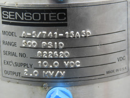 Sensotec A-5/741-15A5D Pressure Transducer 500PSID 10VDC Input 2.0 MV/V Output