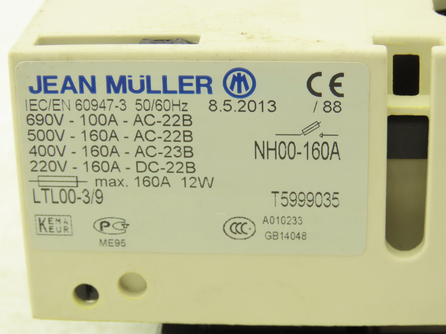 Jean Muller NH00-160A Fuse Switch Disconnector 3 Pole 690V 160A w (3) 16A Fuses