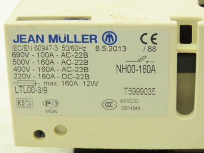 Jean Muller NH00-160A Fuse Switch Disconnector 3 Pole 690V 160A w (3) 16A Fuses