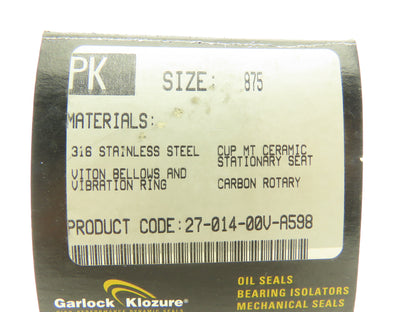 Garlock Klozure 27-014-00V-A598 .875" PK Mechanical Seal 7/8" Shaft
