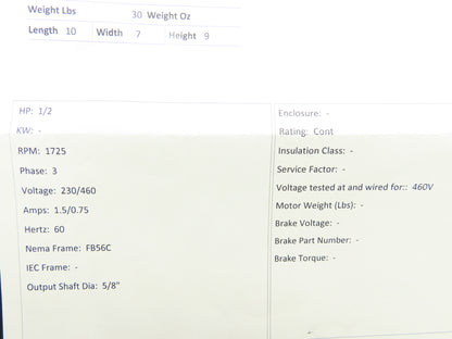 Reliance P56X3900T-RX SXT AC Motor 1/2Hp 1725 RPM 230/460V 3PH 56C