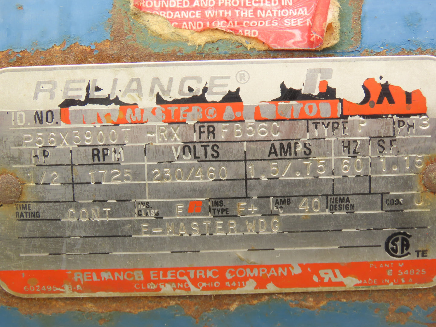 Reliance P56X3900T-RX SXT AC Motor 1/2Hp 1725 RPM 230/460V 3PH 56C