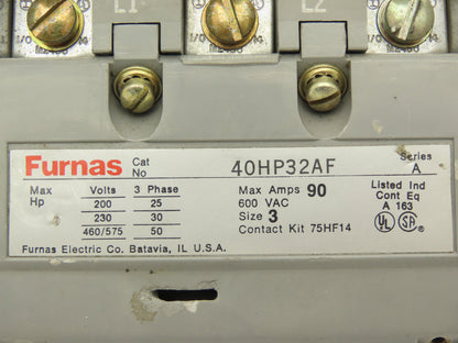 Furnas 40HP32AF 50Hp Contactor Motor Starter 90A 600v 3Ph 120v Coil Size 3