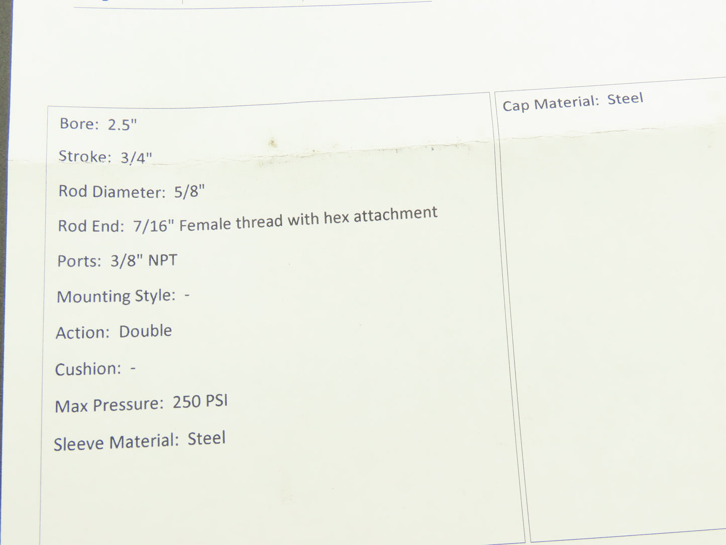 Parker 02.50 TB2ANUS19A Pneumatic Air Cylinder 2-1/2" Bore 3/4" Stroke 250psi