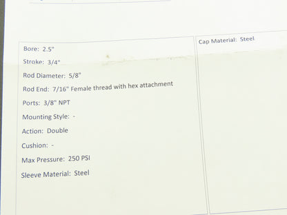 Parker 02.50 TB2ANUS19A Pneumatic Air Cylinder 2-1/2" Bore 3/4" Stroke 250psi