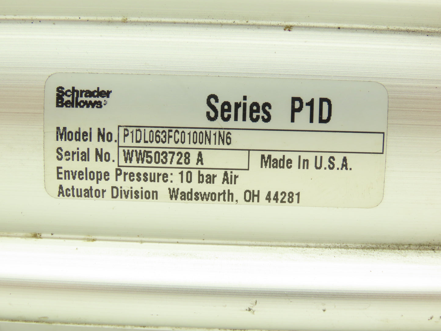 Schrader Bellows P1DL063FC0100N1N6 Air Cylinder 63mm Bore 100mm Stroke Rod Lock