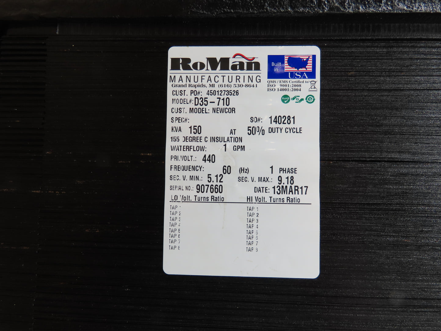 RoMan D35-710 Spot Welding Transformer Power Supply 150KVA 1PH 440V