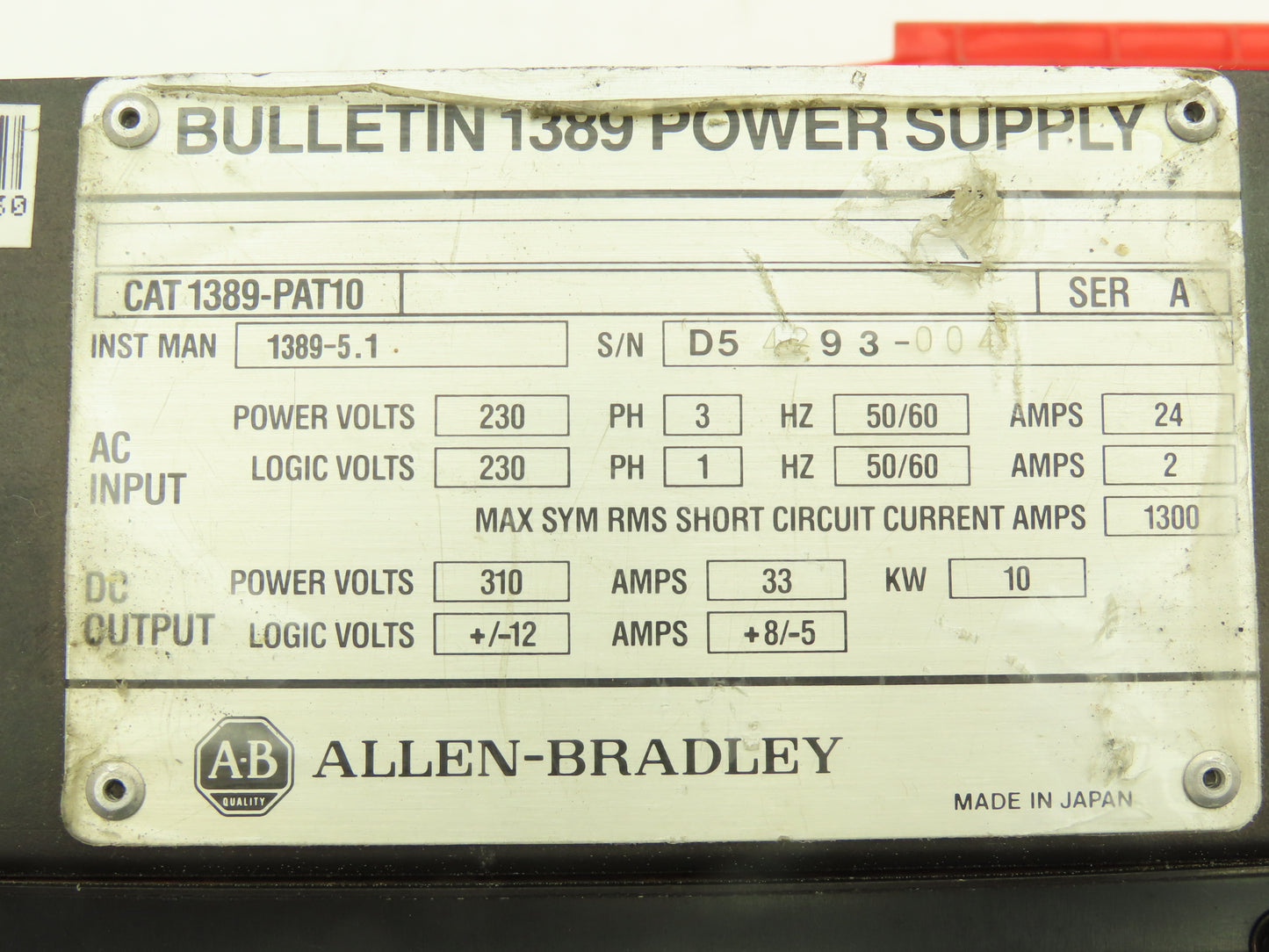 Allen Bradley 1389-PAT10 Power Supply 230VAC 3Ph Input 310VDC Output Ser A READ*
