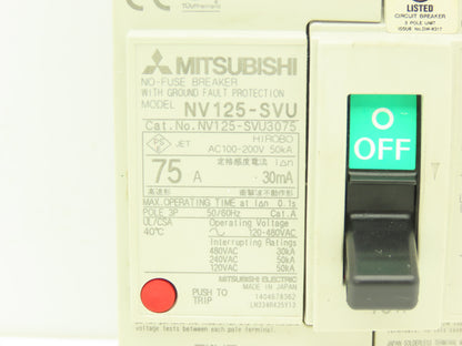 Mitsubishi NV125-SVU3075 Earth Leakage Circuit Breaker 3-Pole 75A 120-480VAC