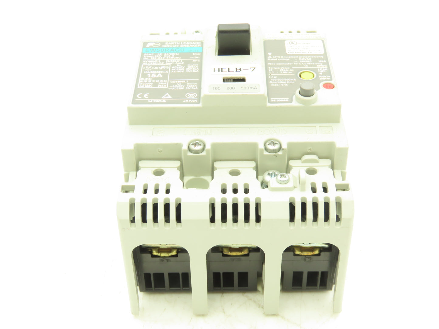 Fuji Electric EW50RAGU-3P015 Earth Leakage Circuit Breaker 3-Pole 15A 100-440VAC