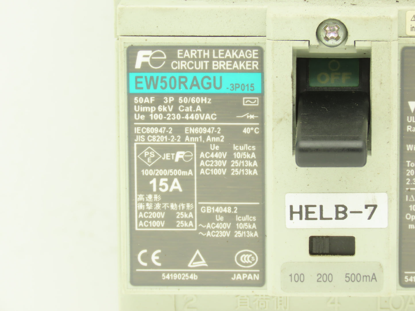 Fuji Electric EW50RAGU-3P015 Earth Leakage Circuit Breaker 3-Pole 15A 100-440VAC