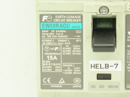 Fuji Electric EW50RAGU-3P015 Earth Leakage Circuit Breaker 3-Pole 15A 100-440VAC