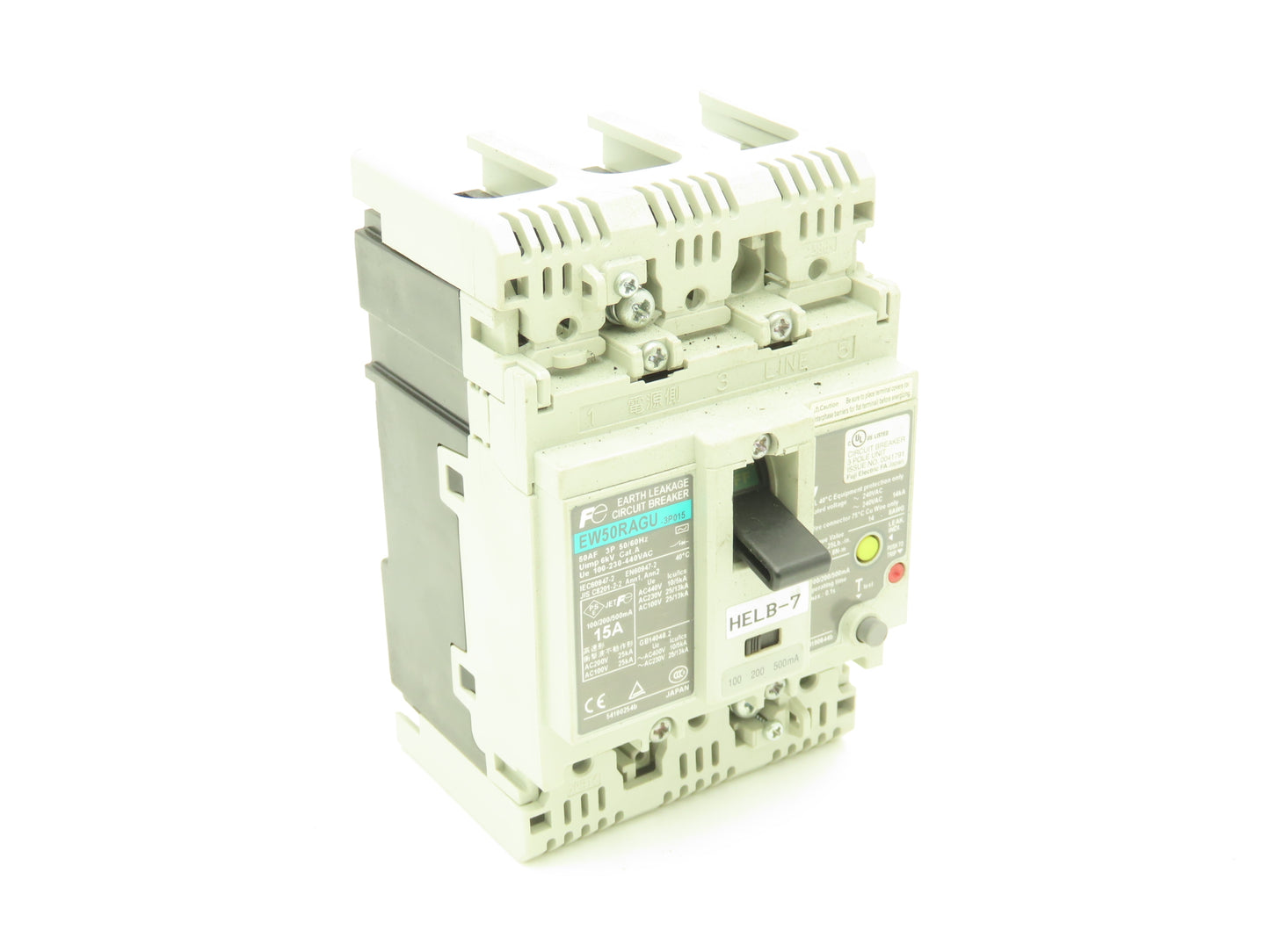 Fuji Electric EW50RAGU-3P015 Earth Leakage Circuit Breaker 3-Pole 15A 100-440VAC