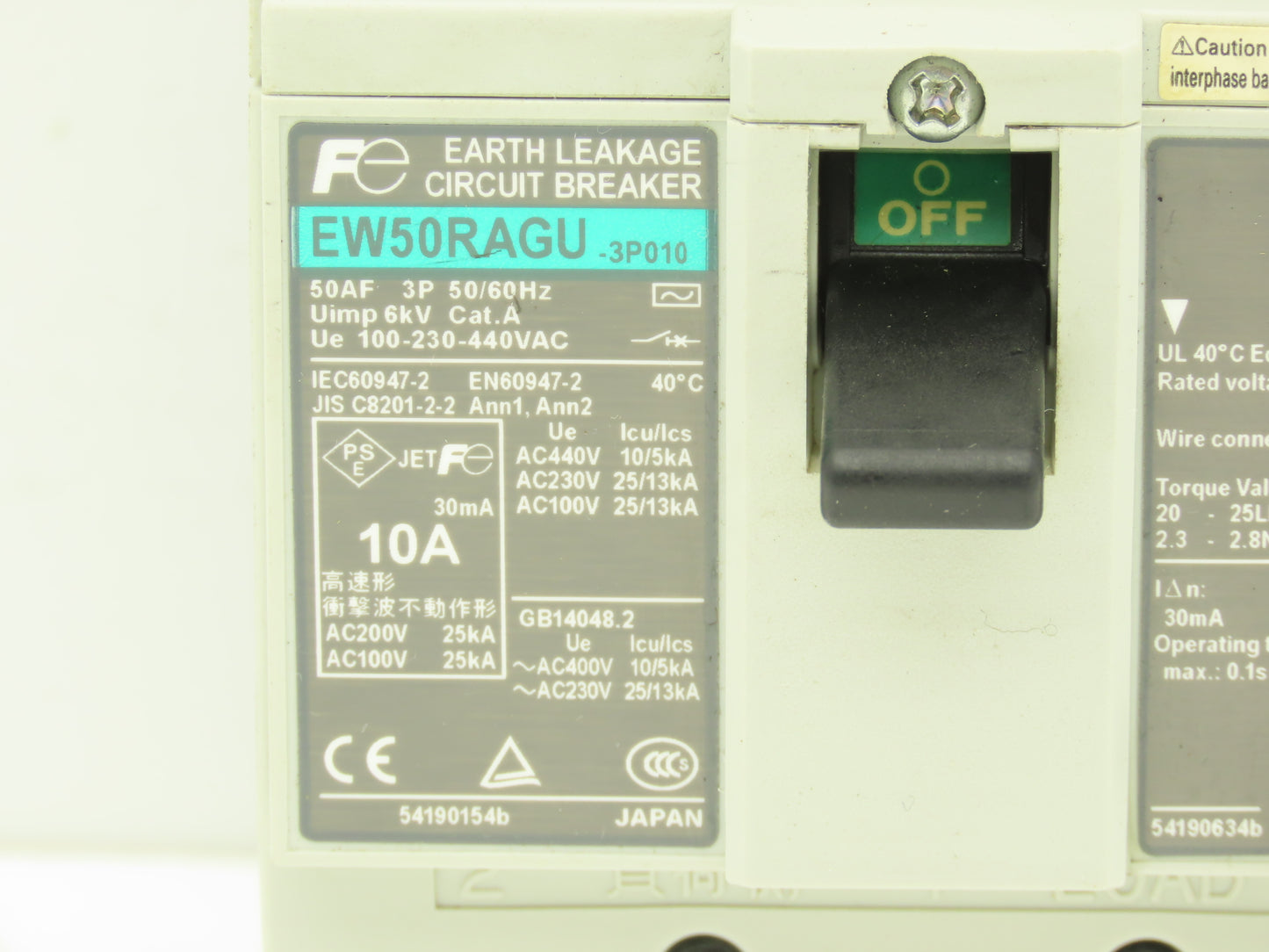 Fuji Electric EW50RAGU-3P010 Earth Leakage Circuit Breaker 3-Pole 10A 100-440VAC