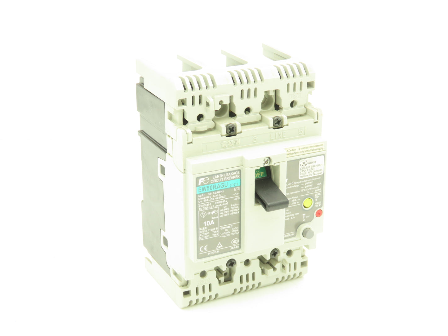 Fuji Electric EW50RAGU-3P010 Earth Leakage Circuit Breaker 3-Pole 10A 100-440VAC