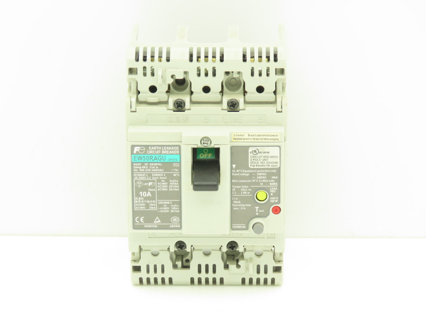 Fuji Electric EW50RAGU-3P010 Earth Leakage Circuit Breaker 3-Pole 10A 100-440VAC