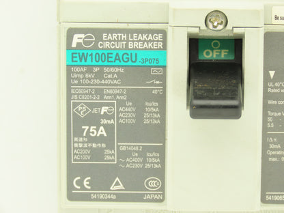 Fuji Electric EW100EAGU-3P075 Earth Leakage Circuit Breaker 3-Pole 75A 100-440V