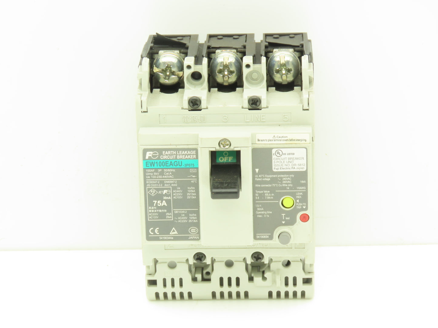 Fuji Electric EW100EAGU-3P075 Earth Leakage Circuit Breaker 3-Pole 75A 100-440V