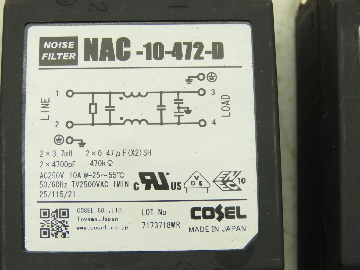 Cosel NAC-10-472-D Noise Filter 250V 10A TV2500VAC 1 MIN 2 Pole Lot of 4