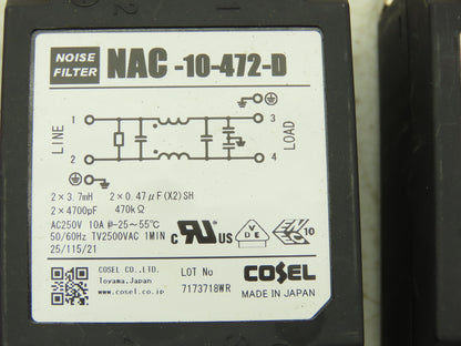Cosel NAC-10-472-D Noise Filter 250V 10A TV2500VAC 1 MIN 2 Pole Lot of 4