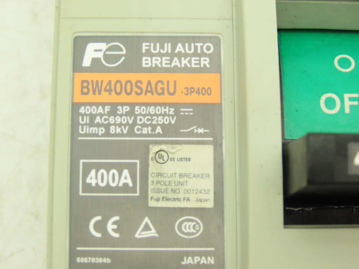 Fuji Electric BW400SAGU-3P400 Auto Circuit Breaker 3-Pole 400A 600VAC