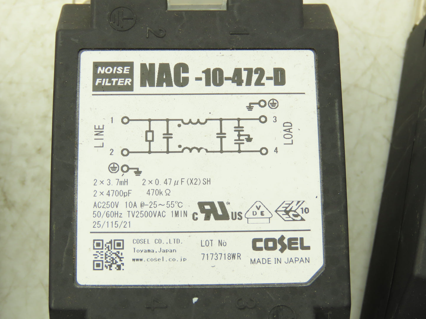 Cosel NAC-10-472-D Noise Filter 250V 10A TV2500VAC 1 MIN 2 Pole Lot of 5