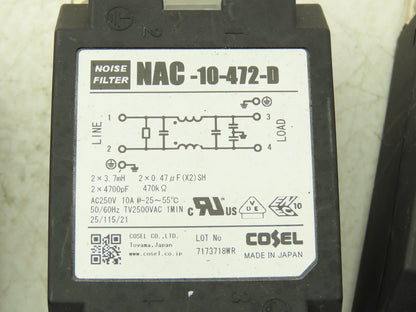 Cosel NAC-10-472-D Noise Filter 250V 10A TV2500VAC 1 MIN 2 Pole Lot of 5