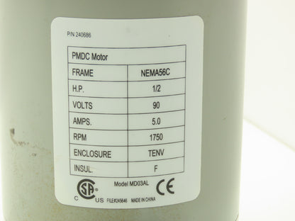 MD03AL Permanent Magnet DC Motor 90V 1/2Hp 1750 RPM 5 Amp 56C C-Face