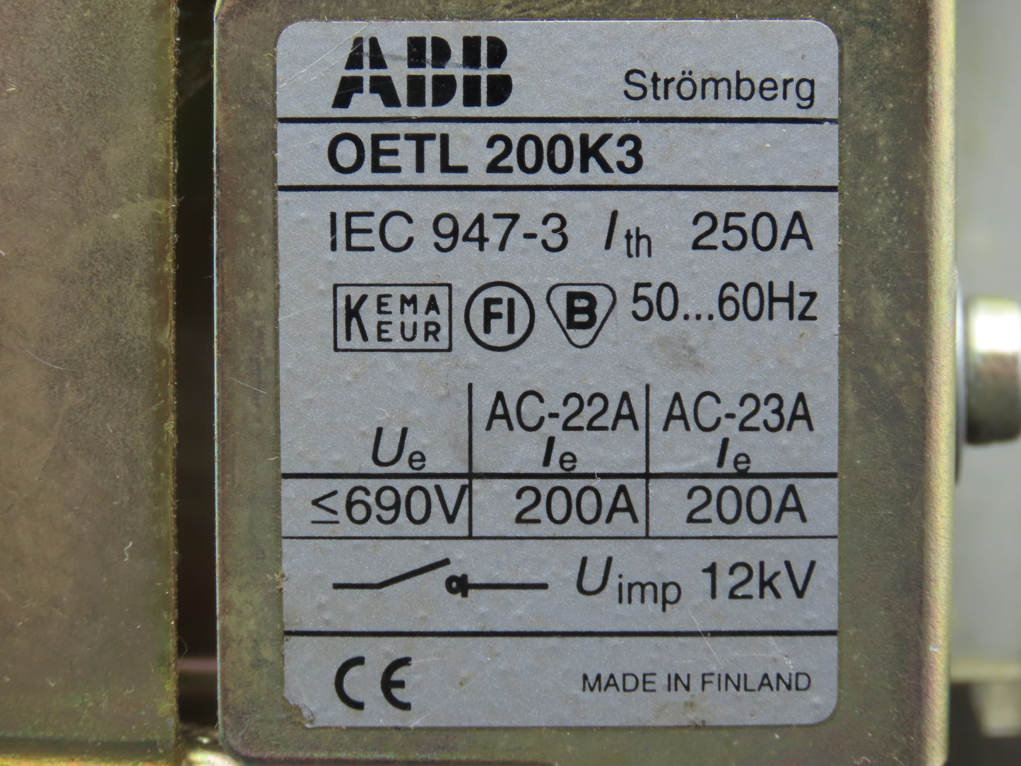 ABB OETL 200K3 Rotary Disconnect Switch 3-Pole 250A 690V