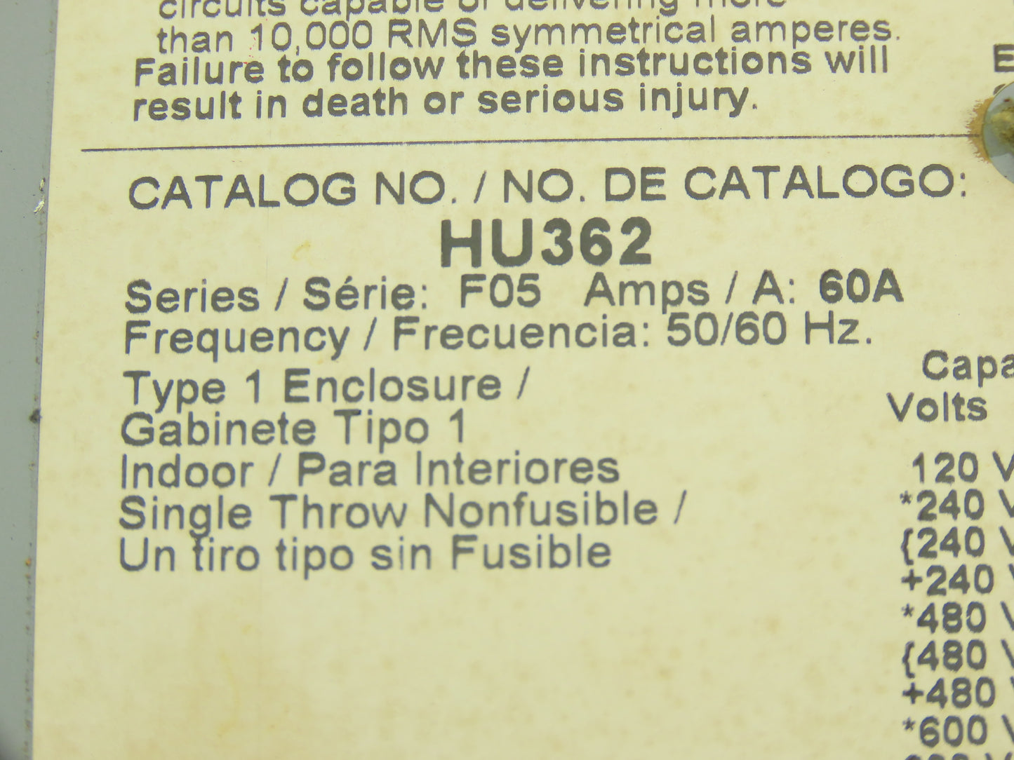 Square D HU362 Safety Disconnect Switch 60A 600VAC 60HP 3Ph Non Fused