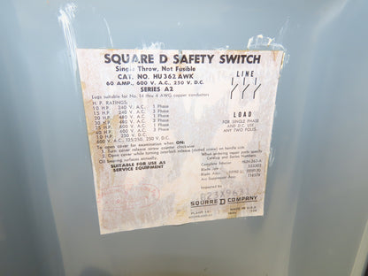 Square D HU362AWK Safety Disconnect Switch 60 Amp 600V 3 Pole W/Fuse block Added