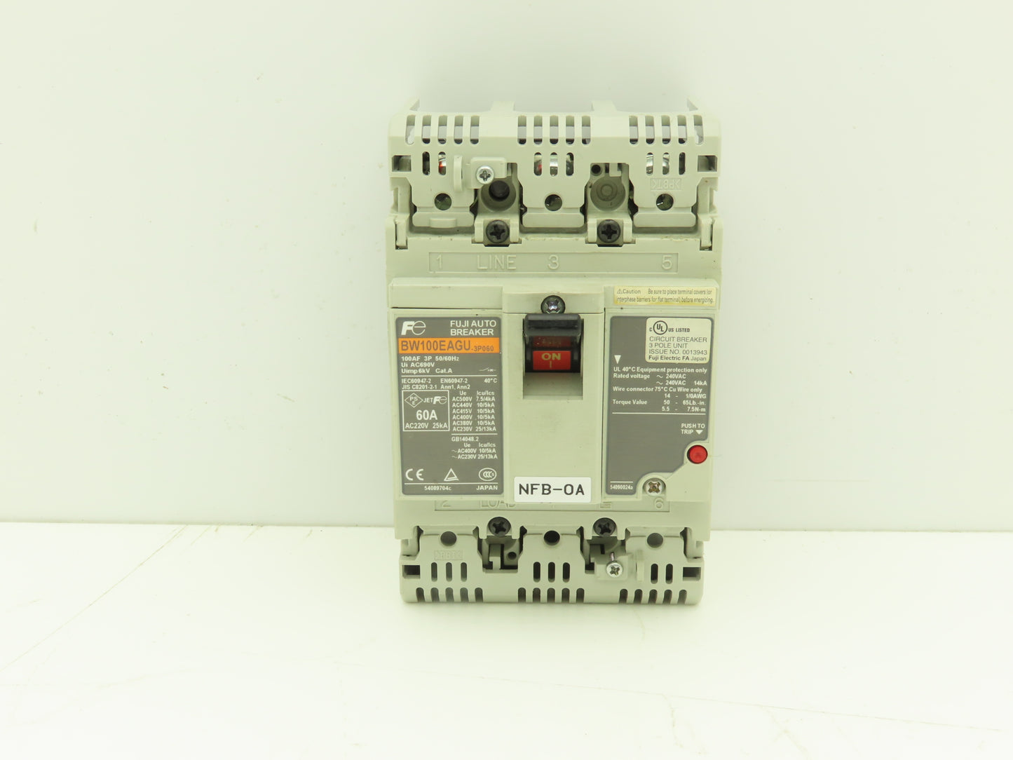 Fuji BW100EAGU-3P060 3-Pole Auto Circuit Breaker 60A 500V 3Ph Molded Case
