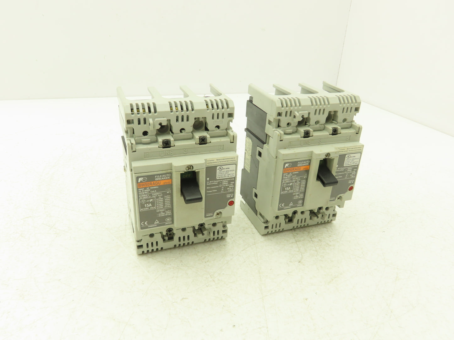 Fuji BW50RAGU3P015 3-Pole Auto Circuit Breaker 15A 500V 3Ph Molded Case Lot of 2