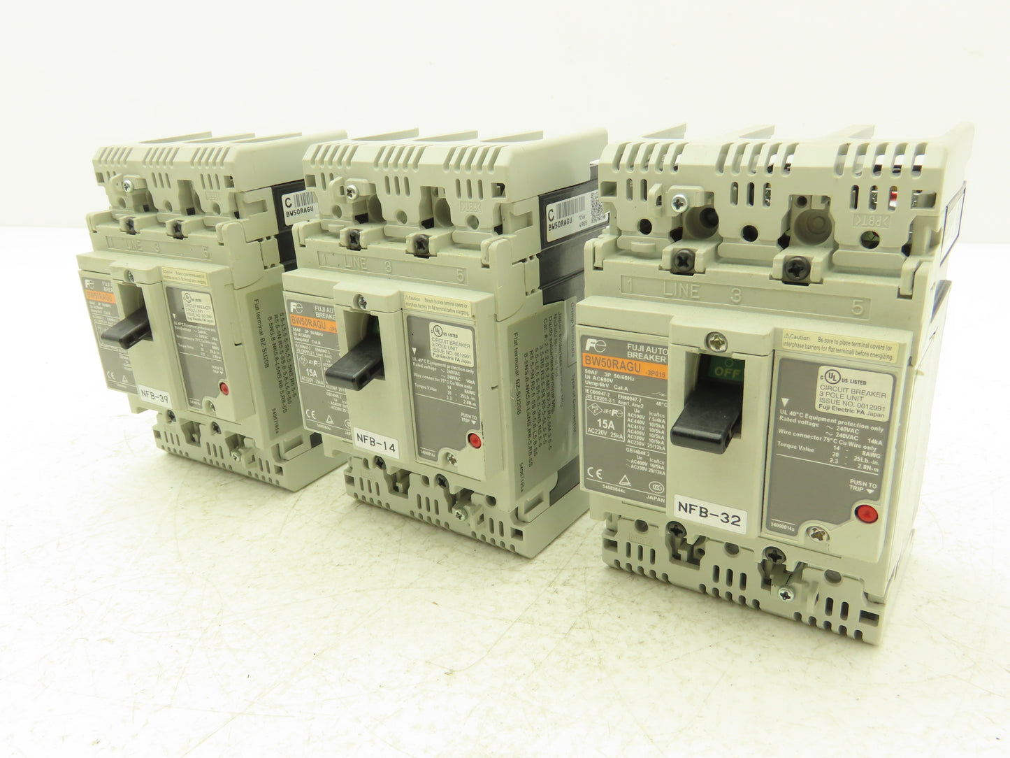 Fuji BW50RAGU3P015 3-Pole Auto Circuit Breaker 15A 500V 3Ph Molded Case Lot of 3