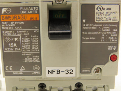 Fuji BW50RAGU3P015 3-Pole Auto Circuit Breaker 15A 500V 3Ph Molded Case Lot of 3