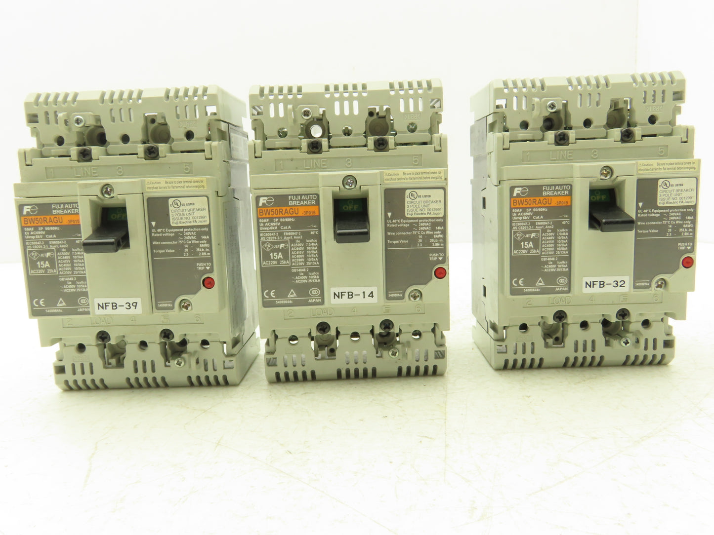 Fuji BW50RAGU3P015 3-Pole Auto Circuit Breaker 15A 500V 3Ph Molded Case Lot of 3