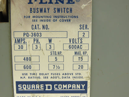 Square D PQ-3603 I-Line Busway Unit 30A 480V 15HP 3 Pole 3Ph Fused