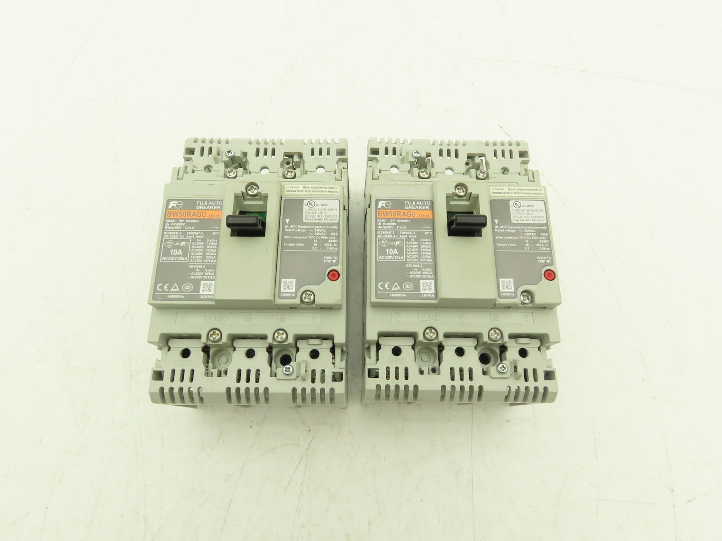 Fuji BW50RAGU3P010 3-Pole Auto Circuit Breaker 10A 500V 3Ph Molded Case Lot of 2