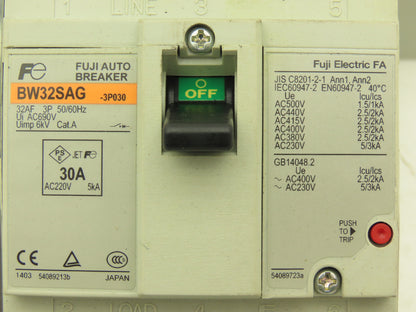 Fuji BW32SAG3P030 3-Pole Auto Circuit Breaker 30A 690V 3Ph Molded Case Lot of 2