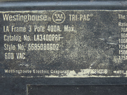 Westinghouse LA3400PRF Tri-Pac Circuit Breaker 3-Pole 400A 600VAC No Lugs
