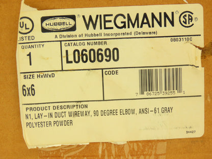 Wiegmann Hubbell L060690 N1 90 Degree Elbow Wireway 6X6 Carbon Steel Gray