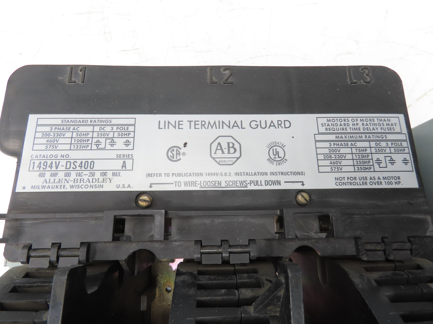 Allen Bradley 1494V-DS400 Safety Disconnect Switch 400A 600V 125HP 3Ph