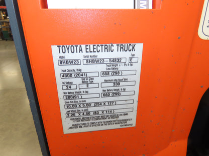 Toyota 8HBW23 Electric Walkie Pallet Jack 4500 lb 45" Forks 8.5" Lift 24V