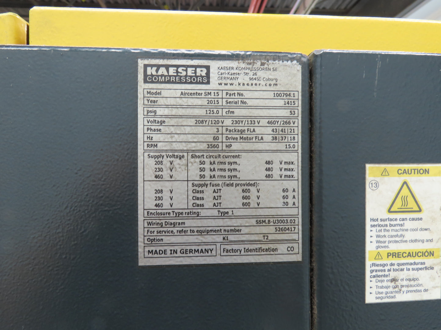 Kaeser SM15 Rotary Screw Air Compressor 53CFM 15 HP 3Ph 208/230/460V