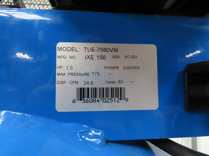 Puma TUE-7580VM Reciprocating Air Compressor 24.8CFM 7.5HP 230V 1 Phase 80 Gal