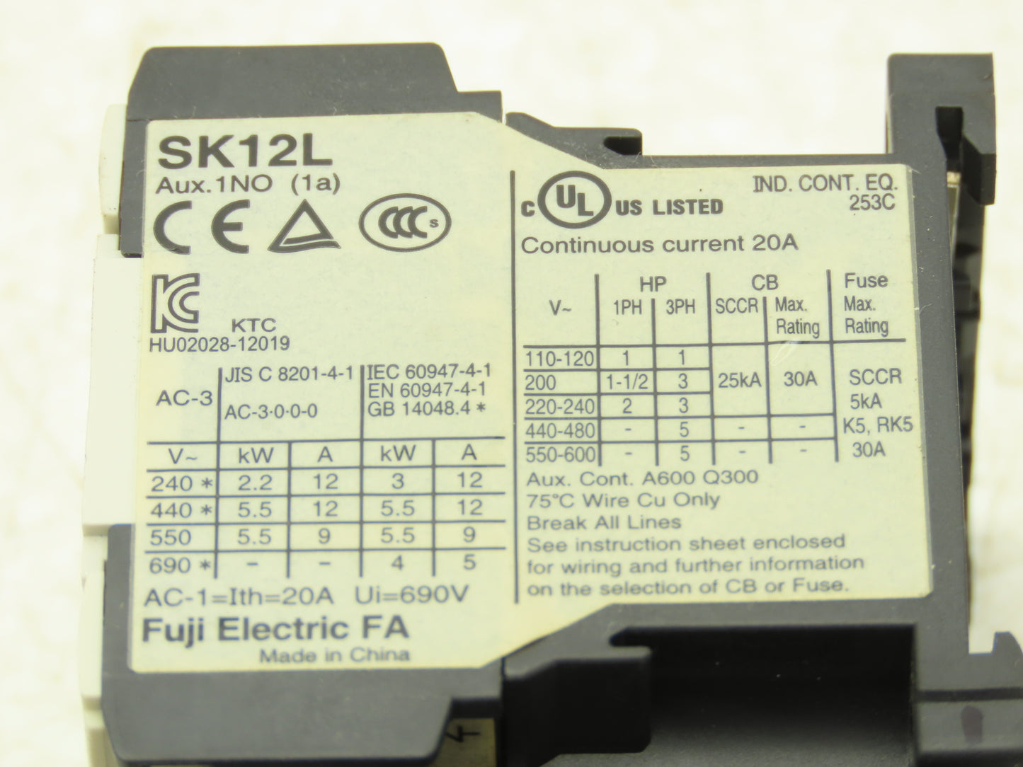 Fuji SK12L Motor Starter Contactor 5.5kW 600V & Overload .95-1.45A Lot of 2