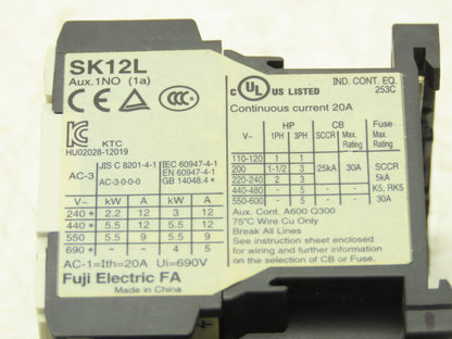 Fuji SK12L Motor Starter Contactor 5.5kW 600V & Overload .95-1.45A Lot of 2