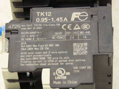Fuji SK12L Motor Starter Contactor 5.5kW 600V & Overload .95-1.45A Lot of 2